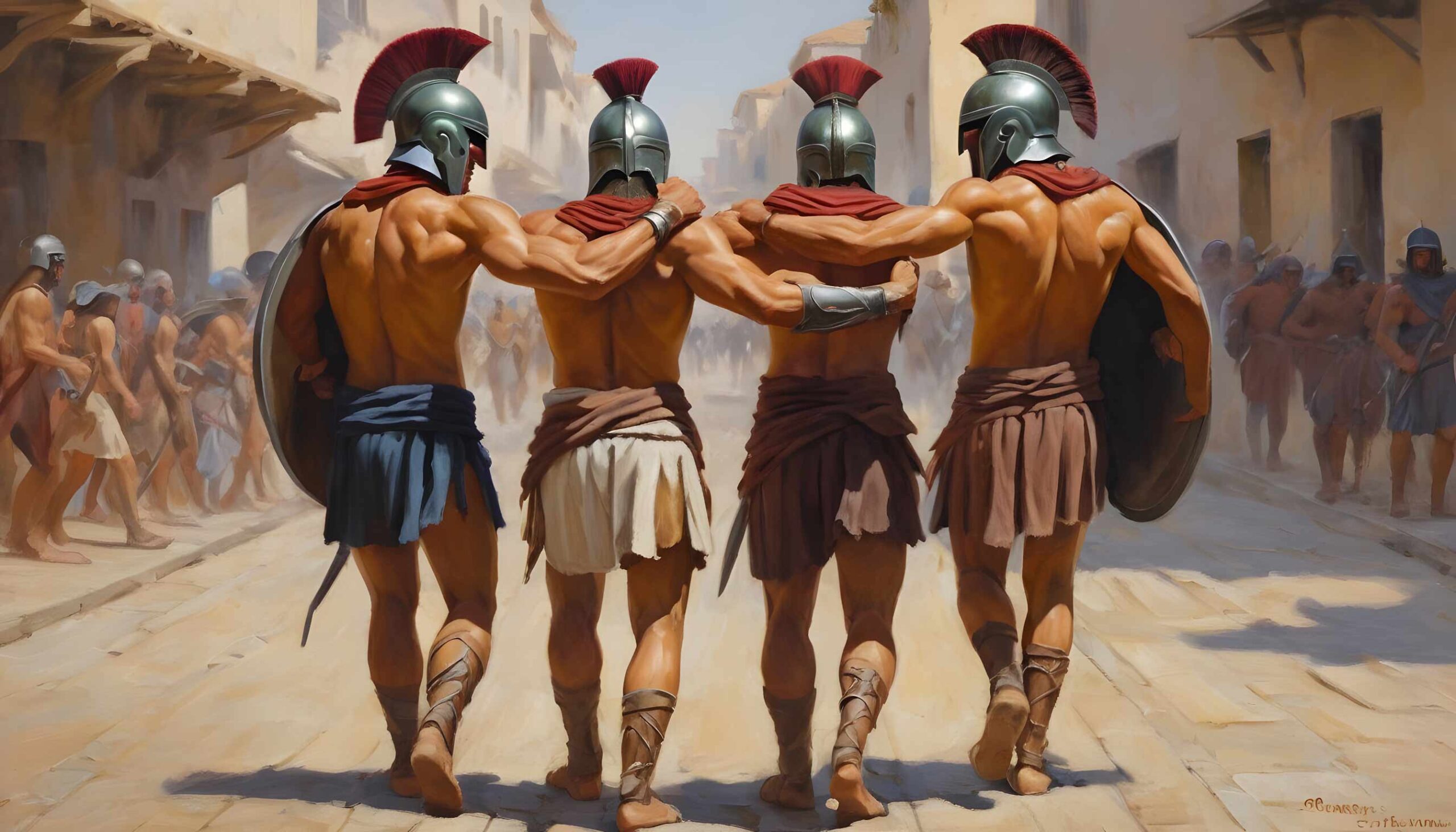 Jóvenes espartanos caminando juntos por la ciudad