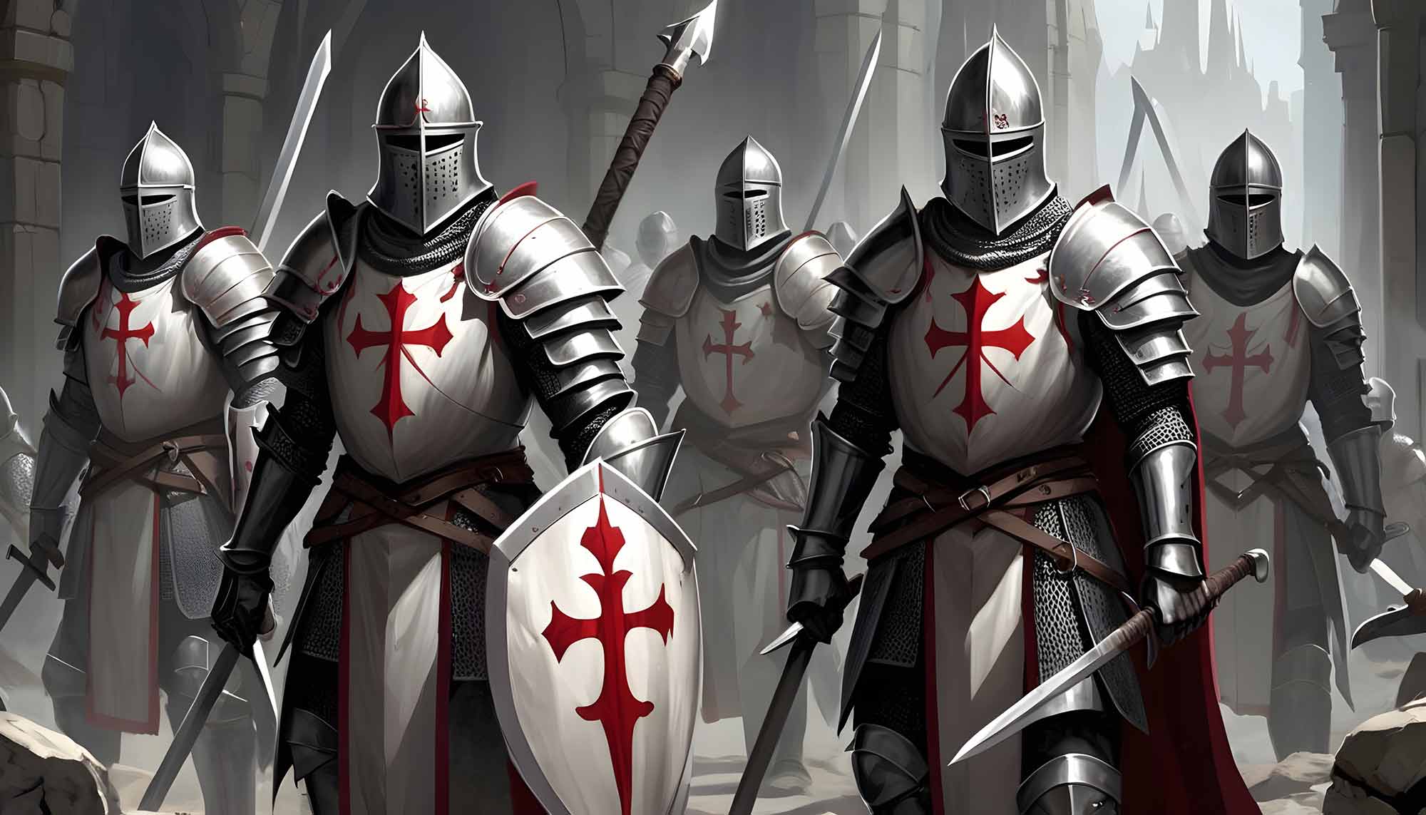 Caballeros templarios con cota de malla, espadas y hachas